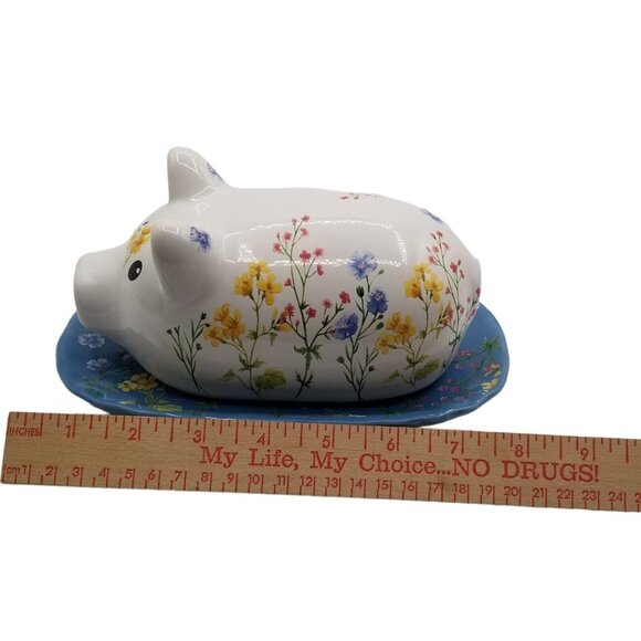 Covered Butter Dish Floral Pig Ceramic Farmhouse Country Cottagecore Chipped - Picture 10 of 13